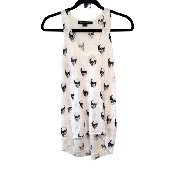 Skull Cashmere White Black Skull Print 100% Linen Racerback Tank Top Size XS - Picture 1 of 5